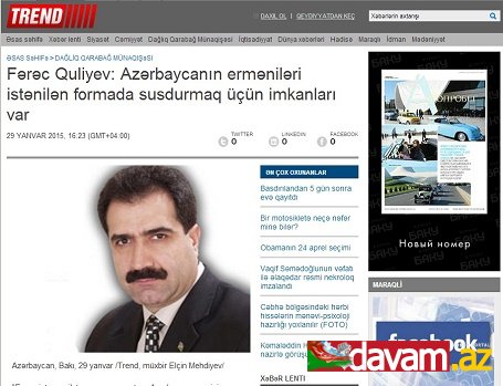 Fərəc Quliyev: Azərbaycanın erməniləri istənilən formada susdurmaq üçün imkanları var