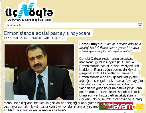 Fərəc Quliyev: “Həmişə erməni lobbisinin strateji hədəfi Ermənistanı yazıq formada ictimaiyyətə təqdim etməyə yönəlib”