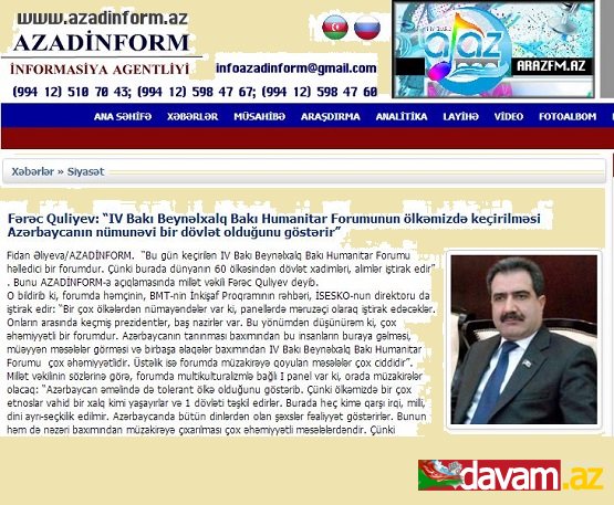 Fərəc Quliyev: -IV Bakı Beynəlxalq Bakı Humanitar Forumunun ölkəmizdə keçirilməsi Azərbaycanın nümunəvi bir dövlət olduğunu göstərir.