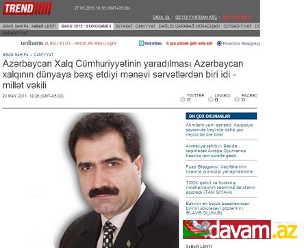 Azərbaycan Xalq Cümhuriyyətinin yaradılması Azərbaycan xalqının dünyaya bəxş etdiyi mənəvi sərvətlərdən biri idi - millət vəkili