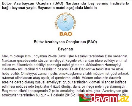 Bütöv Azərbaycan Ocaqları (BAO) Nardaranda baş vermiş hadisələrlə bağlı bəyanatı