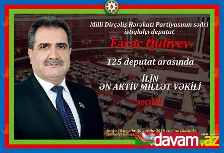 Fərəc Quliyev İLİN ƏN AKTİV MİLLƏT VƏKİLİ seçildi