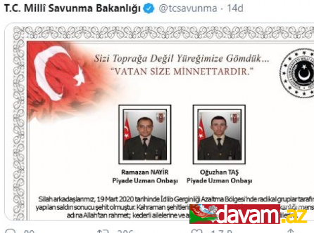 Türkiyə ordusu Suriya ərazisində iki şəhid verib