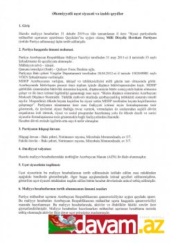 Milli Dirçəliş Hərəkatı Partiyasının 2019-cu il üçün MALİYYƏ HESABATI