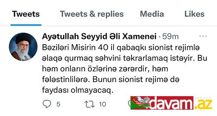 Əli Xamneyinin tvitter hesabından Azərbaycan və Türkiyəyə təhdid mesajı yayıldı